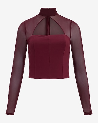 Mesh Mock Neck Keyhole Long Sleeve Top