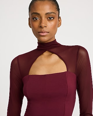 Mesh Mock Neck Keyhole Long Sleeve Top