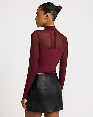 Mesh Mock Neck Keyhole Long Sleeve Top