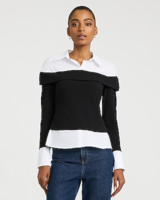 Layered Collared Long Sleeve Top Stretch Cotton