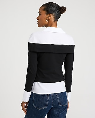Layered Collared Long Sleeve Top Stretch Cotton