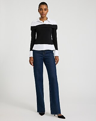 Layered Collared Long Sleeve Top Stretch Cotton
