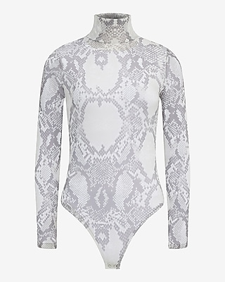 Mesh Snake Print Mock Neck Long Sleeve Bodysuit