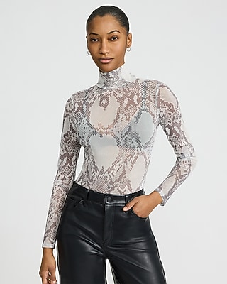 Mesh Snake Print Mock Neck Long Sleeve Bodysuit