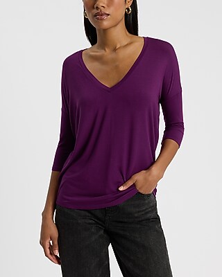Express Women's Super-Soft Relaxed V-Neck Long Sleeve Tee Ex006373 Black S