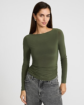 Boat Neck Long Sleeve Ruched Tee | Express