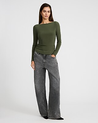 Boat Neck Long Sleeve Ruched Tee - image 3