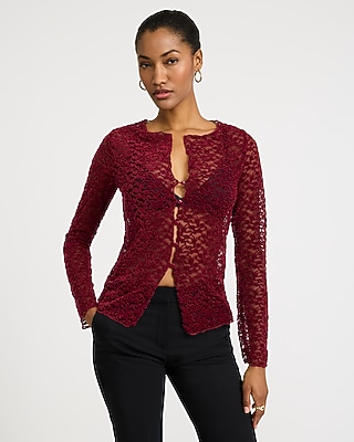 Sheer Lace Cutout Button Front Top