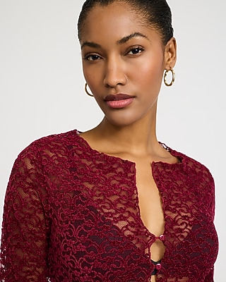 Sheer Lace Cutout Button Front Top