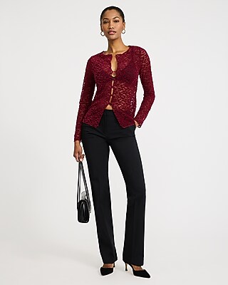 Sheer Lace Cutout Button Front Top