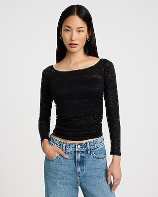 Lace Boat Neck Ruched Top