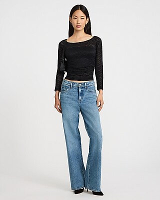 Lace Boat Neck Ruched Top