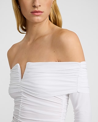 Ruched V-wire Fold Over Off The Shoulder Long Sleeve Top | Express
