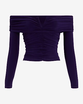 Ruched V-Wire Fold Over Off The Shoulder Long Sleeve Top