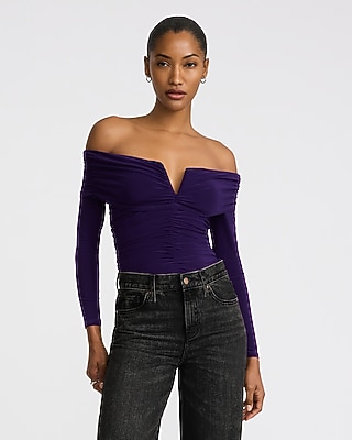 Ruched V-Wire Fold Over Off The Shoulder Long Sleeve Top
