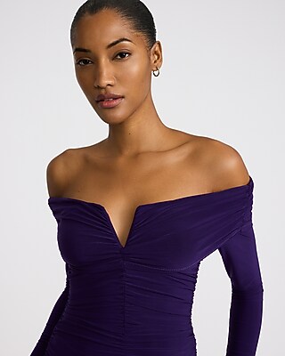 Ruched V-Wire Fold Over Off The Shoulder Long Sleeve Top