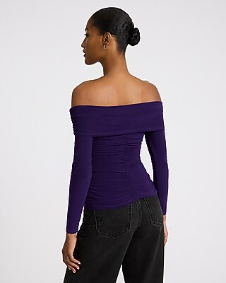 Ruched V-Wire Fold Over Off The Shoulder Long Sleeve Top