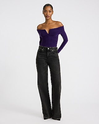 Ruched V-Wire Fold Over Off The Shoulder Long Sleeve Top