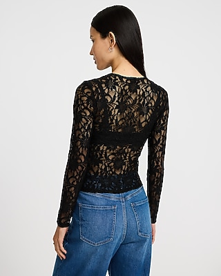 Lace V-Neck Long Sleeve Bow Tee - image 3