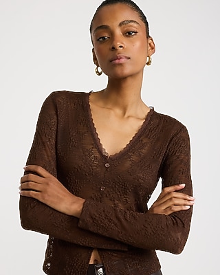Sheer Floral Lace V-Neck Button Front Top - thumbnail 2