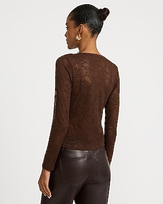 Sheer Floral Lace V-Neck Button Front Top - thumbnail 3