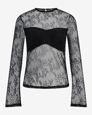 Sheer Lace Crew Neck Layered Bandeau Long Sleeve Top - thumbnail 5