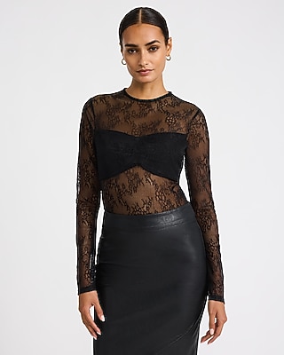 Sheer Lace Crew Neck Layered Bandeau Long Sleeve Top