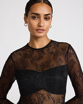 Sheer Lace Crew Neck Layered Bandeau Long Sleeve Top - thumbnail 2