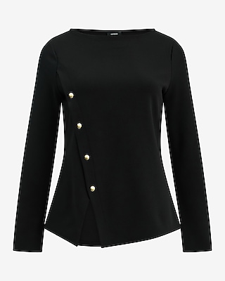 Boat Neck Asymmetrical Button Front Top Studio Stretch Crepe