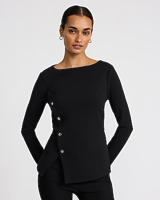Boat Neck Asymmetrical Button Front Top Studio Stretch Crepe
