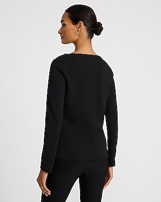 Boat Neck Asymmetrical Button Front Top Studio Stretch Crepe