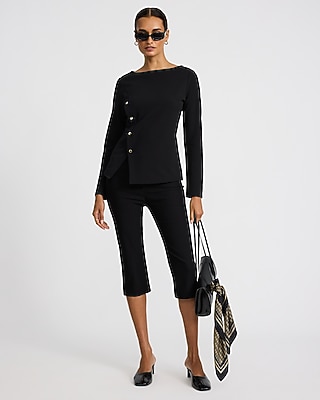 Boat Neck Asymmetrical Button Front Top Studio Stretch Crepe