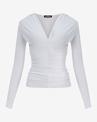 V-neck Long Sleeve Seamed Ruched Top | Express