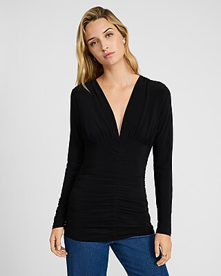 Angcoco Women's Long Sleeve V-Neck Top – Ruched Waist With Thumb Holes, Lightweight & Soft