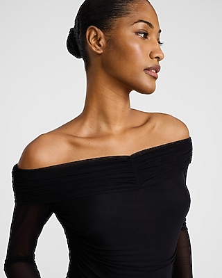 Mesh Sleeved Off The Shoulder Ruched Bodysuit