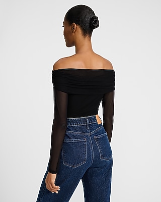 Mesh Sleeved Off The Shoulder Ruched Bodysuit