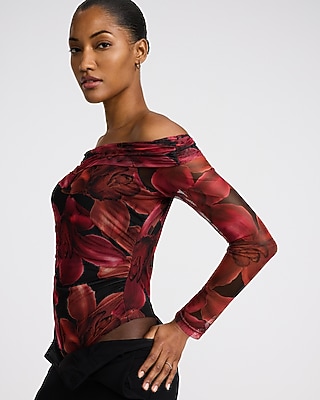 Floral Mesh Off The Shoulder Ruched Bodysuit