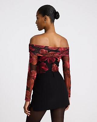 Floral Mesh Off The Shoulder Ruched Bodysuit