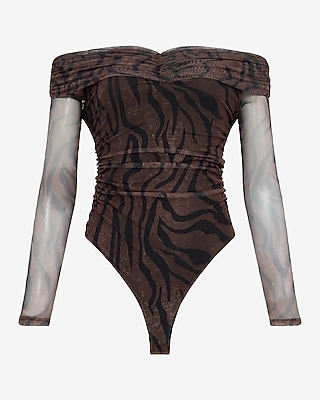 Zebra Mesh Off The Shoulder Ruched Bodysuit