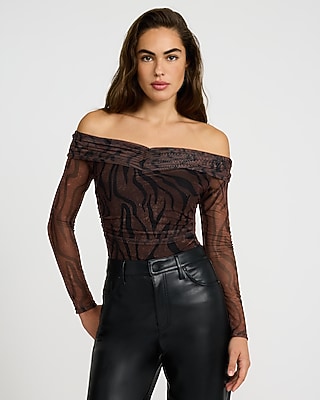 Zebra Mesh Off The Shoulder Ruched Bodysuit