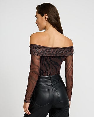 Zebra Mesh Off The Shoulder Ruched Bodysuit