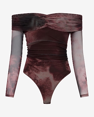 Printed Mesh Off The Shoulder Long Sleeve Bodysuit
