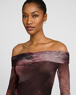Printed Mesh Off The Shoulder Long Sleeve Bodysuit