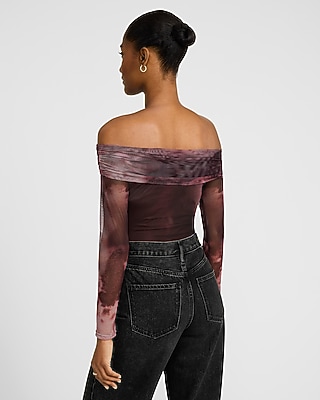 Printed Mesh Off The Shoulder Long Sleeve Bodysuit