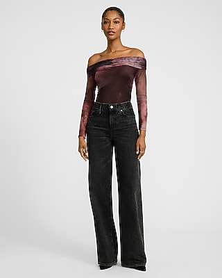 Printed Mesh Off The Shoulder Long Sleeve Bodysuit