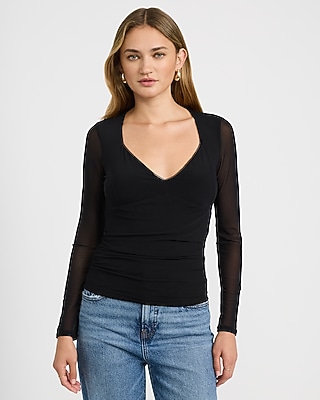 Mesh V-Neck Long Sleeve Top