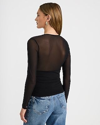 Mesh V-Neck Long Sleeve Top