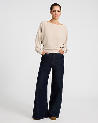 Crepe Convertible Dolman Long Sleeve Banded Bottom Sweater