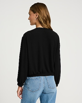 Ribbed V-Neck Long Sleeve Button Front Tee - image 2