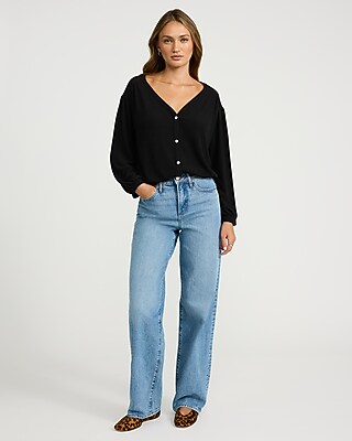 Ribbed V-Neck Long Sleeve Button Front Tee - image 3